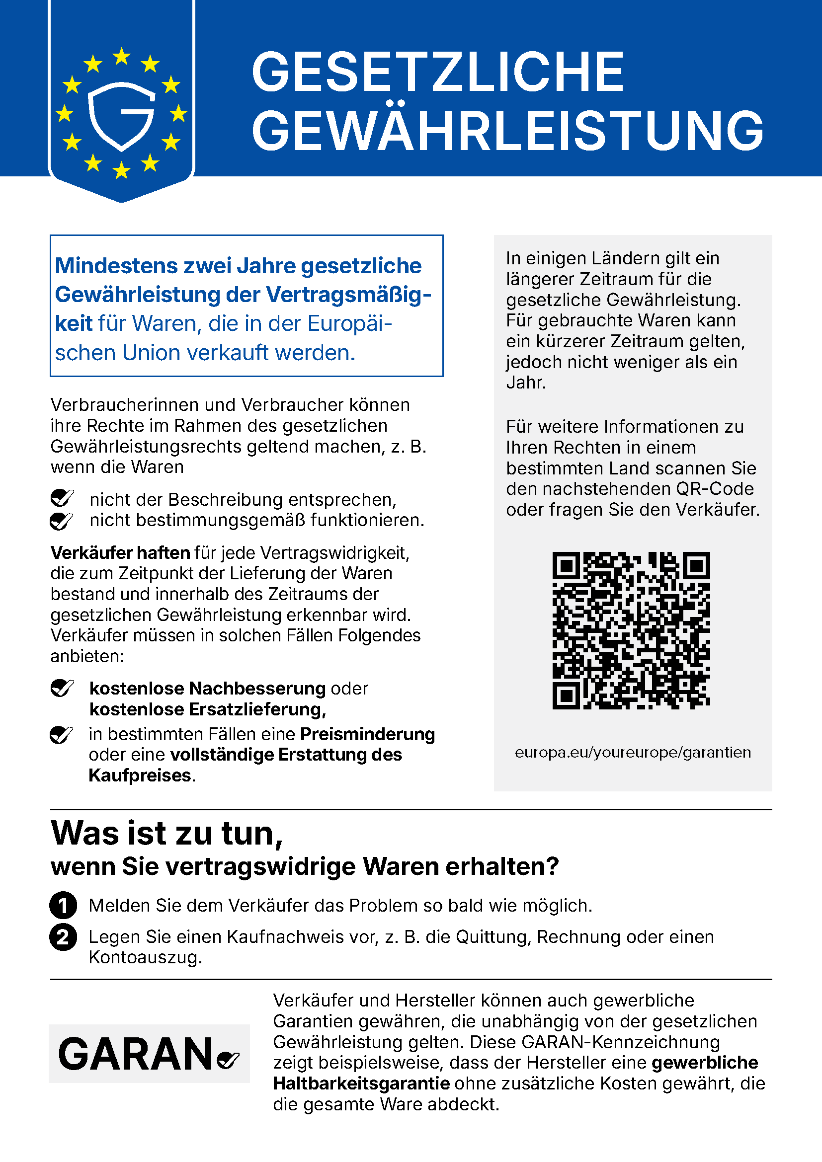 Deine gesetzlichen Gewährleistungsrechte: Mindestens zwei Jahre gesetzliche Gewährleistung der Vertragsmäßigkeit für Waren, die in der Europäischen Union verkauft werden.