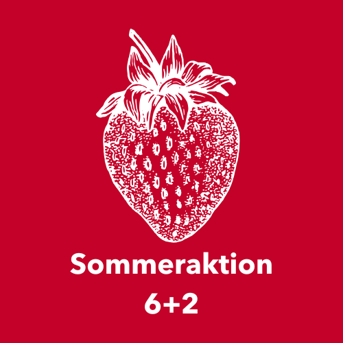 coverbild für "Sommeraktion 6+2" Nur Text und die Skizze einer Erdbeere auf rotem Hintergrund