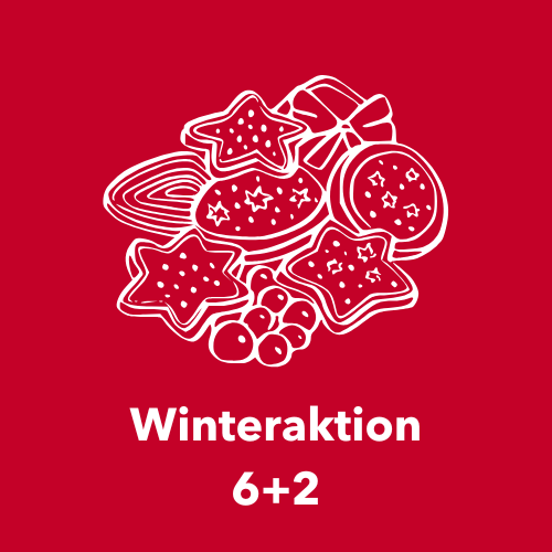 coverbild für "Winteraktion 6+2" Nur Text und die Skizze von Weihnachtskeksen auf rotem Hintergrund