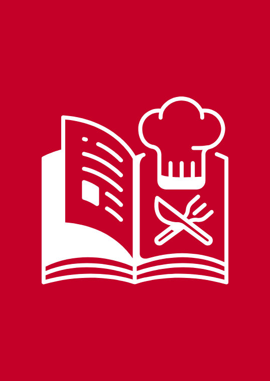 Weiße Grafik eines Kochbuchs auf rotem Hintergrund