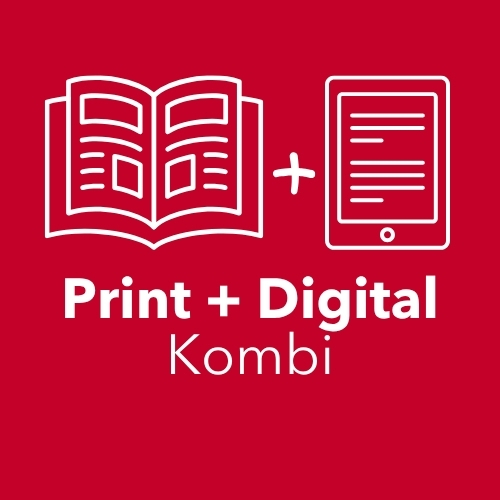 Grafiken: offenes Magazin und Bildschirm mit Text; Darunter der Text: Print + Digital Kombi